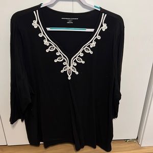 Allison Daley embellished top, black with white trim and rhinestones, size 3x.